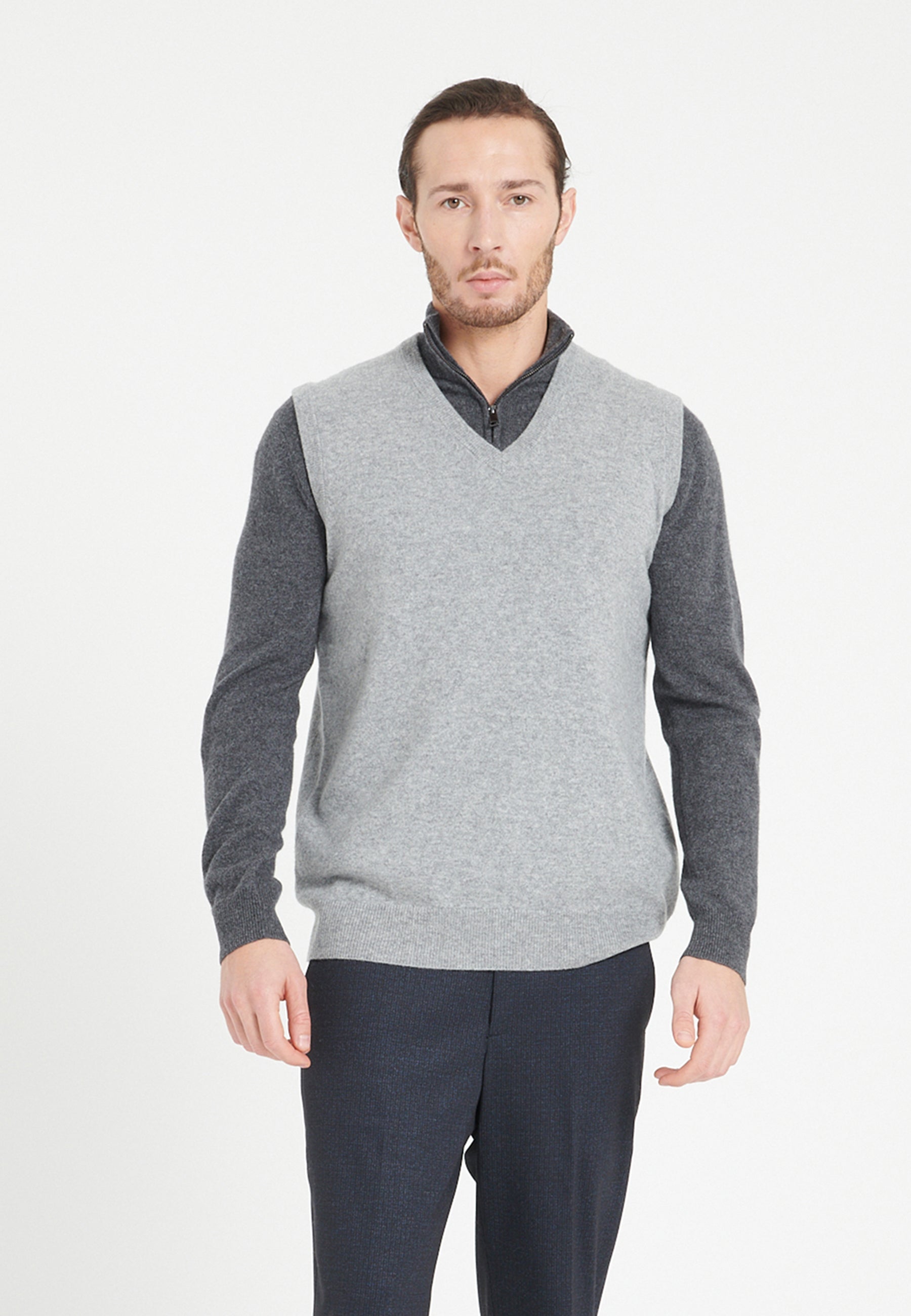 Pull col V sans manches homme en cachemire gris clair - LUKE 9