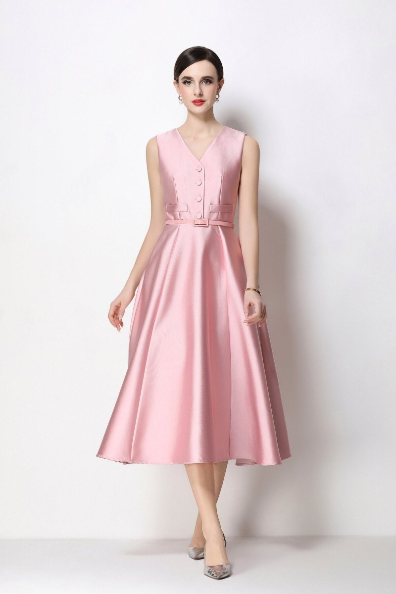 Women's Sleeveless Satin Midi Dress with Belted Waist