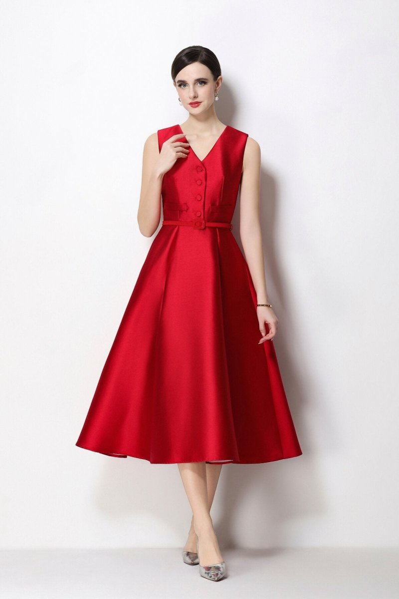 Women's Sleeveless Satin Midi Dress with Belted Waist